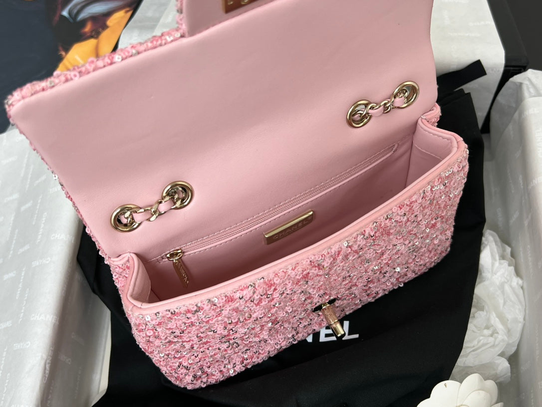 CHANEL 25C Flap Bag 20cm Pink Polka Dot Silver Sequin Calfskin