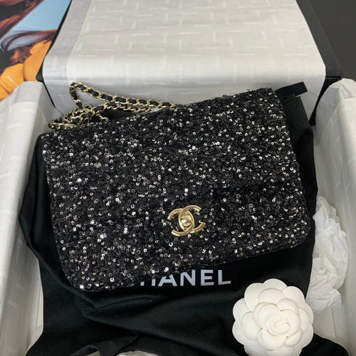CHANEL 25C Flap Bag 20cm Black Polka Dot Silver Sequin Calfskin