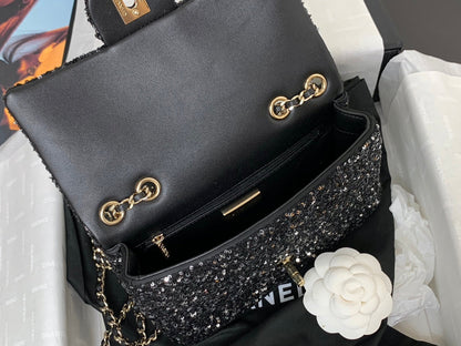CHANEL 25C Flap Bag 20cm Black Polka Dot Silver Sequin Calfskin