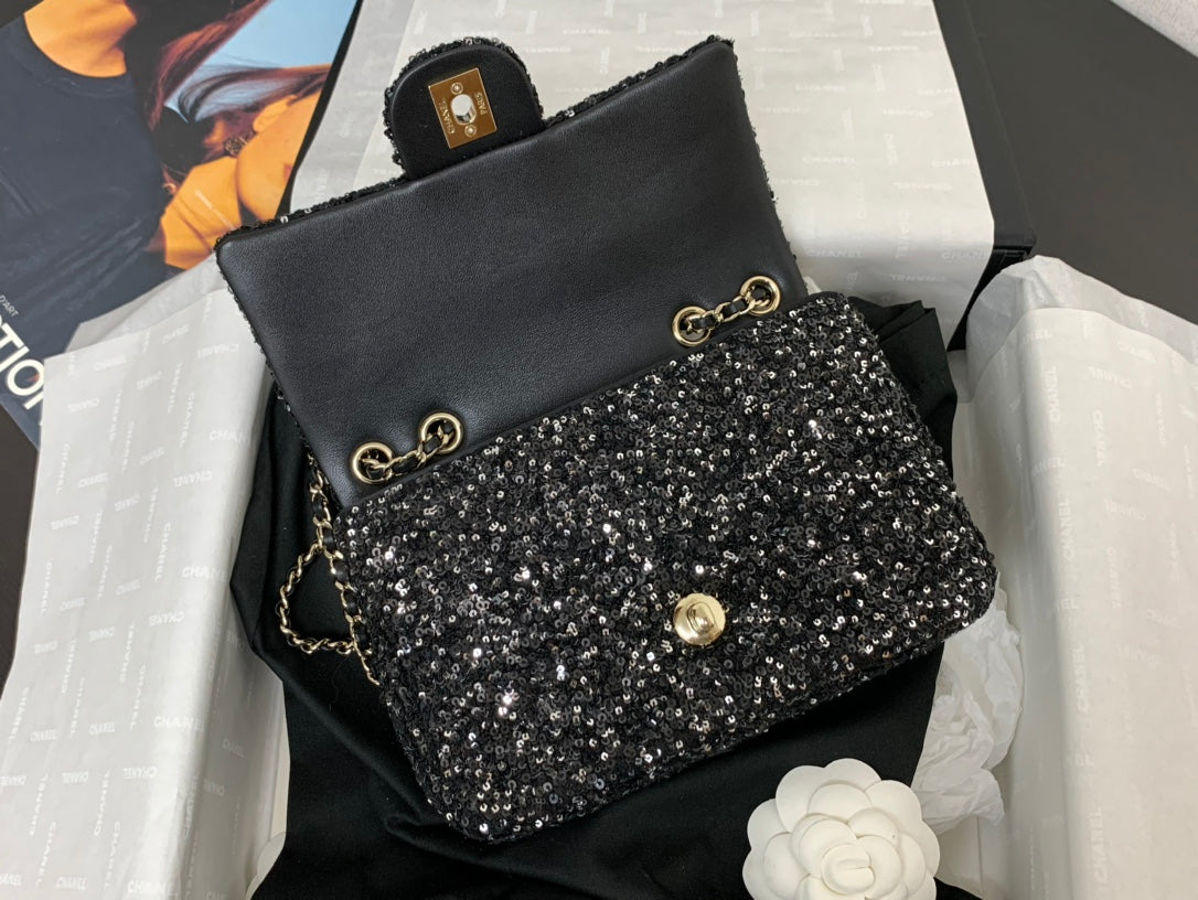 CHANEL 25C Flap Bag 20cm Black Polka Dot Silver Sequin Calfskin