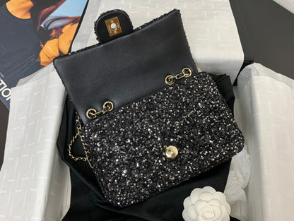 CHANEL 25C Flap Bag 20cm Black Polka Dot Silver Sequin Calfskin