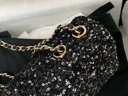 CHANEL 25C Flap Bag 20cm Black Polka Dot Silver Sequin Calfskin