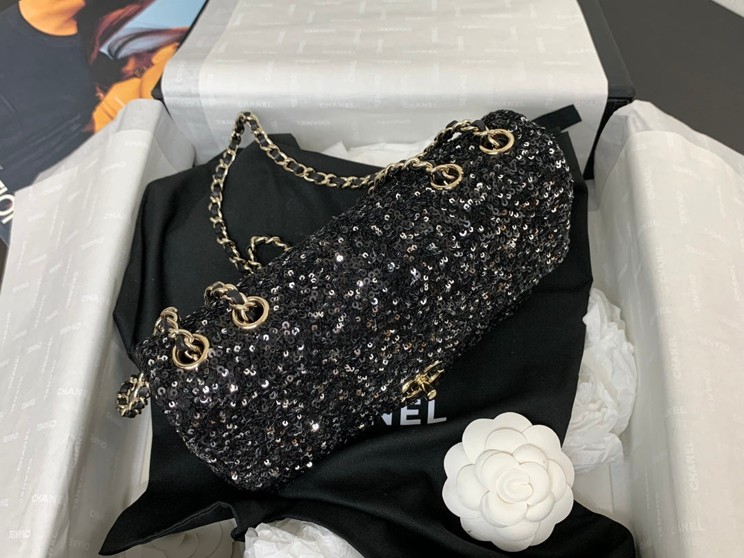 CHANEL 25C Flap Bag 20cm Black Polka Dot Silver Sequin Calfskin