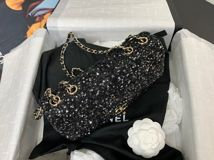 CHANEL 25C Flap Bag 20cm Black Polka Dot Silver Sequin Calfskin