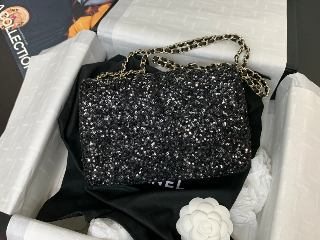 CHANEL 25C Flap Bag 20cm Black Polka Dot Silver Sequin Calfskin