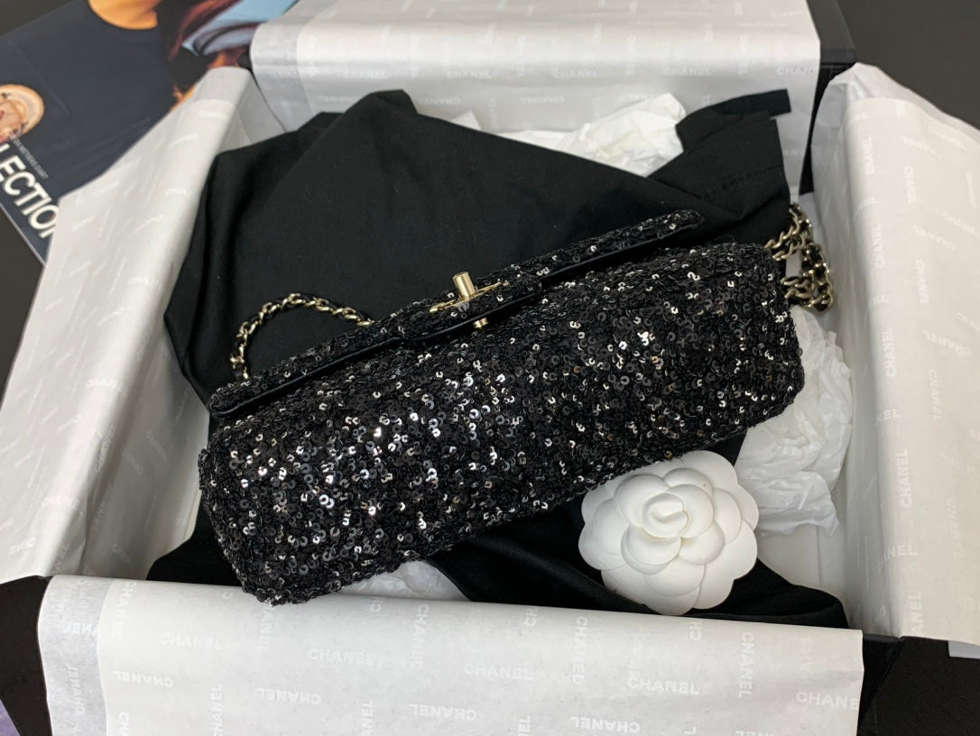 CHANEL 25C Flap Bag 20cm Black Polka Dot Silver Sequin Calfskin