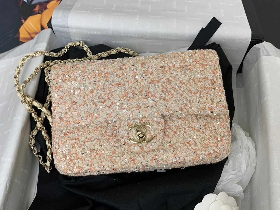 CHANEL 25C Flap Bag 20cm Beige Polka Dot Silver Sequin Calfskin