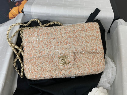 CHANEL 25C Flap Bag 20cm Beige Polka Dot Silver Sequin Calfskin