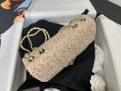 CHANEL 25C Flap Bag 20cm Beige Polka Dot Silver Sequin Calfskin