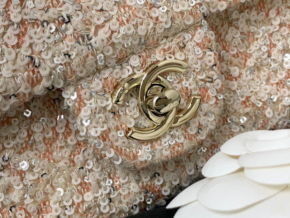 CHANEL 25C Flap Bag 20cm Beige Polka Dot Silver Sequin Calfskin