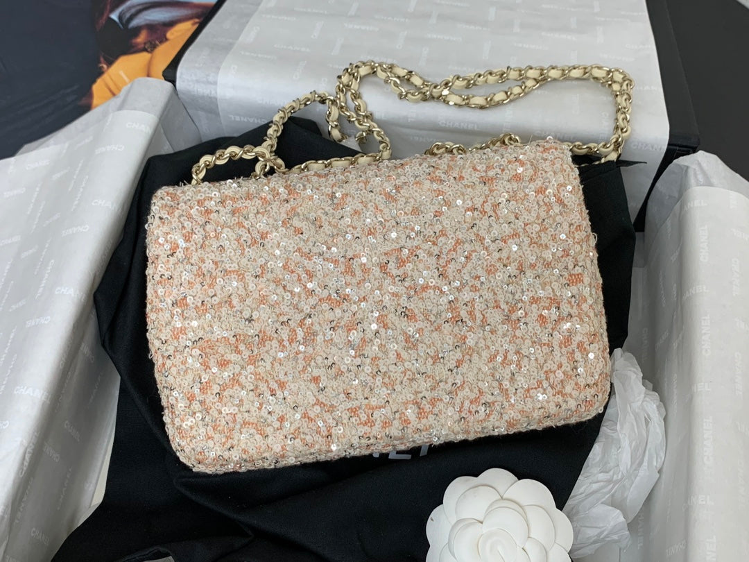 CHANEL 25C Flap Bag 20cm Beige Polka Dot Silver Sequin Calfskin