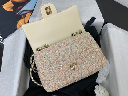 CHANEL 25C Flap Bag 20cm Beige Polka Dot Silver Sequin Calfskin