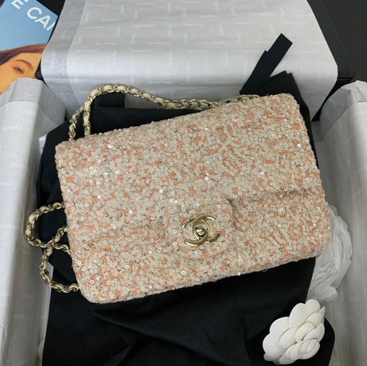 CHANEL 25C Flap Bag 20cm Beige Polka Dot Silver Sequin Calfskin