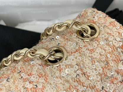 CHANEL 25C Flap Bag 20cm Beige Polka Dot Silver Sequin Calfskin