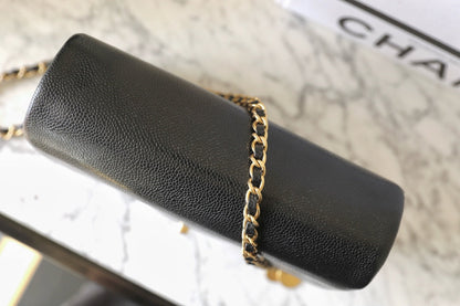 CHANEL 24K Flap Bag 23cm Black Grained Calfskin Gold Hardware