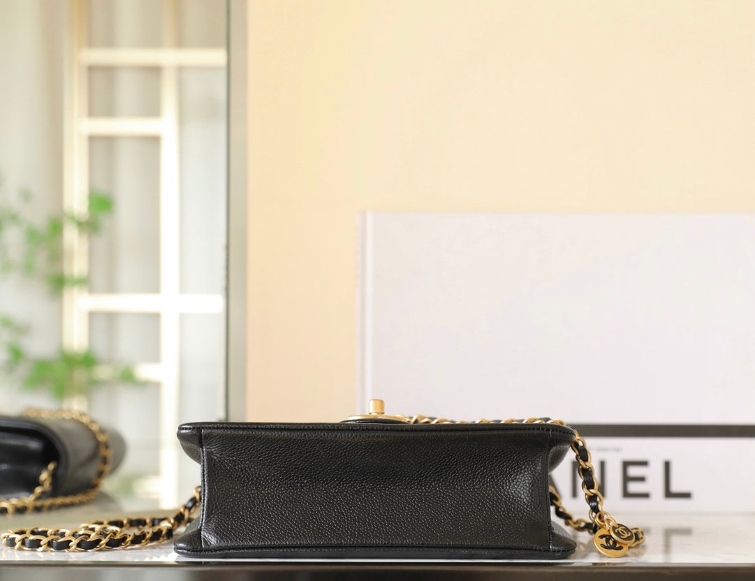 CHANEL 24K Flap Bag 23cm Black Grained Calfskin Gold Hardware