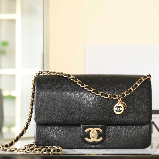CHANEL 24K Flap Bag 23cm Black Grained Calfskin Gold Hardware