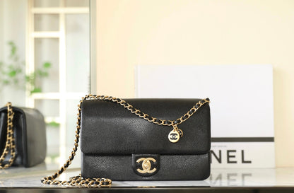 CHANEL 24K Flap Bag 23cm Black Grained Calfskin Gold Hardware