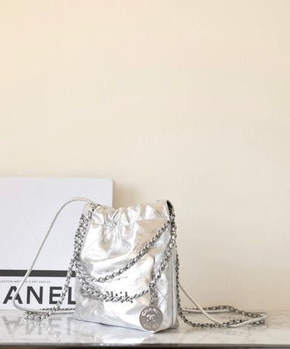 CHANEL 25C Hobo 22 Bag 19cm Silver Metalic Lambskin