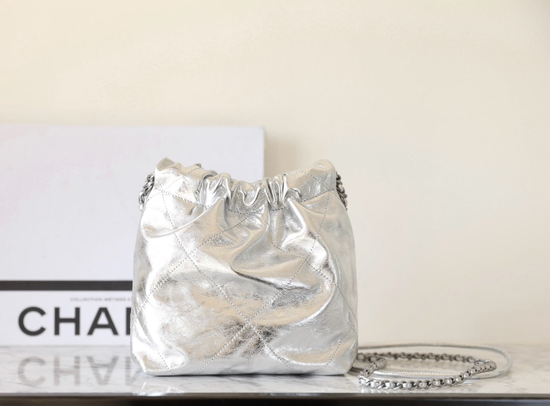 CHANEL 25C Hobo 22 Bag 19cm Silver Metalic Lambskin