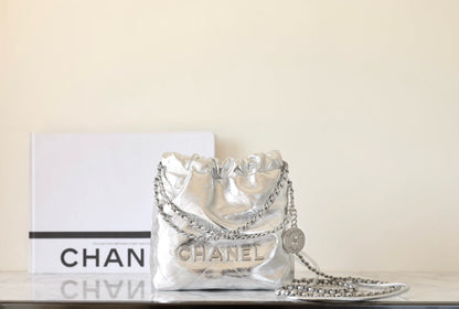CHANEL 25C Hobo 22 Bag 19cm Silver Metalic Lambskin