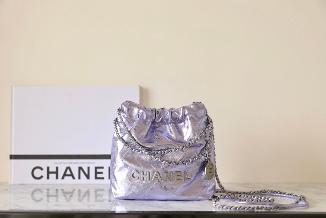 CHANEL 25C Hobo 22 Bag 19cm Violet Metalic Lambskin