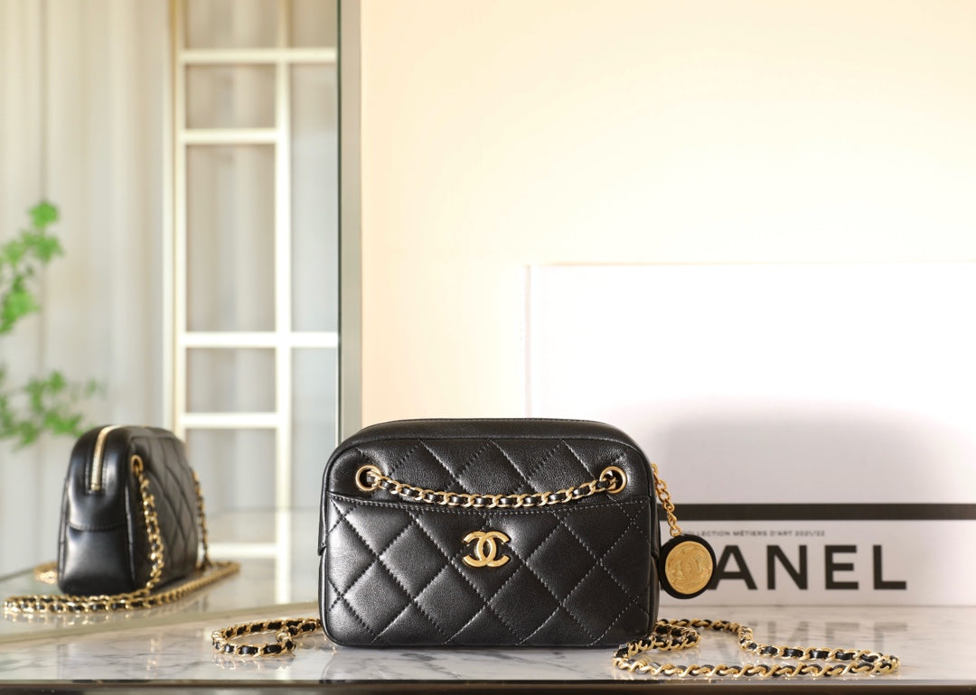 CHANEL 24K Mini Camera Case 18cm Black Lambskin
