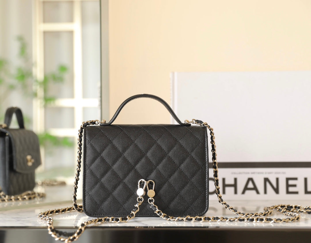 CHANEL 25C Top Handle 18cm Black Grained Calfskin