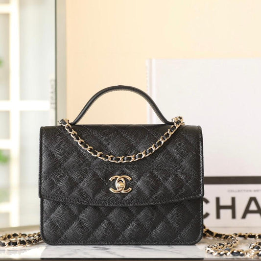 CHANEL 25C Flap Bag With Top Handle 18cm Black Grained Calfskin