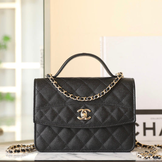 CHANEL 25C Top Handle 18cm Black Grained Calfskin