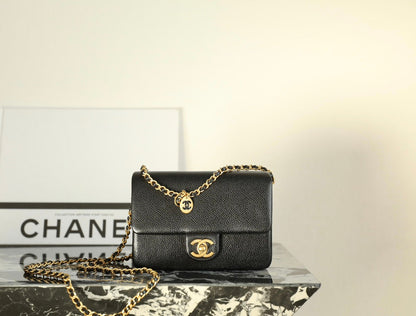 CHANEL 24K Flap Bag 18cm Black Grained Calfskin Gold Hardware