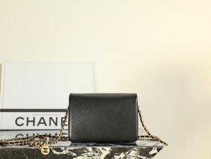 CHANEL 24K Flap Bag 18cm Black Grained Calfskin Gold Hardware