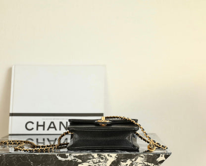 CHANEL 24K Flap Bag 18cm Black Grained Calfskin Gold Hardware