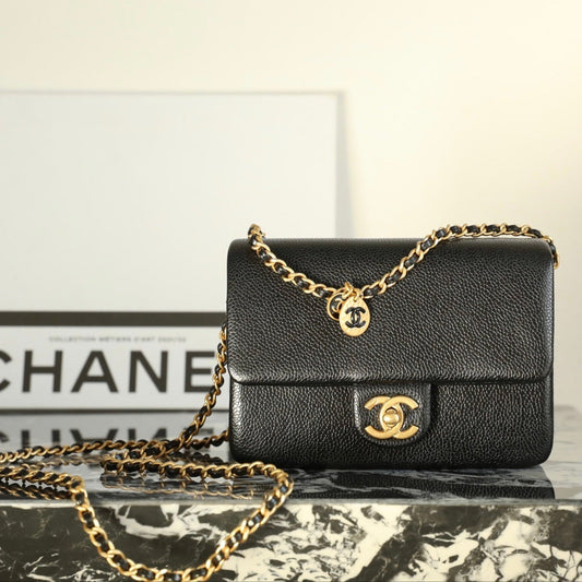 CHANEL 24K Flap Bag 18cm Black Grained Calfskin Gold Hardware
