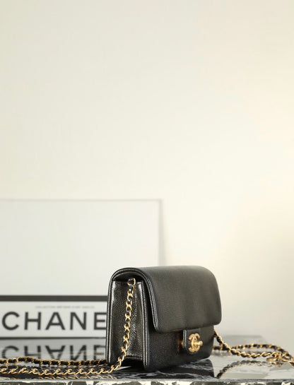 CHANEL 24K Flap Bag 18cm Black Grained Calfskin Gold Hardware