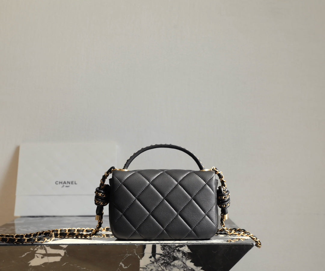 CHANEL 19 Bag 25C 18cm Black Lambskin Gold Hardware