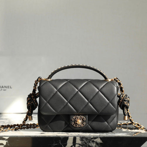 CHANEL 19 Bag 25C 18cm Black Lambskin Gold Hardware