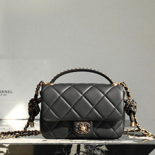 CHANEL 19 Bag 25C 18cm Black Lambskin Gold Hardware