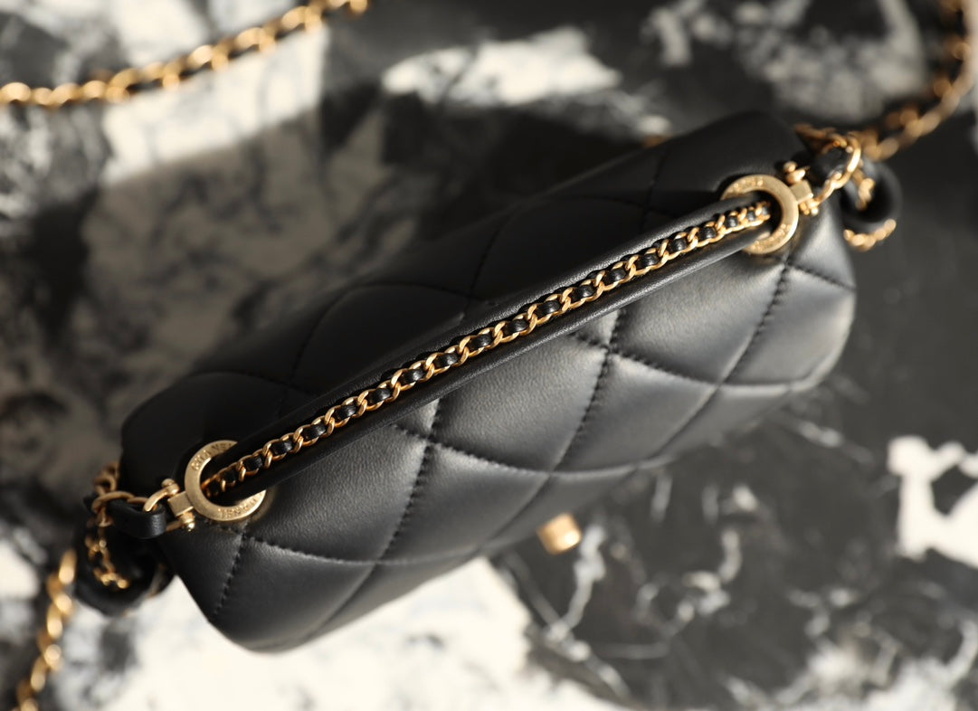 CHANEL 19 Bag 25C 18cm Black Lambskin Gold Hardware