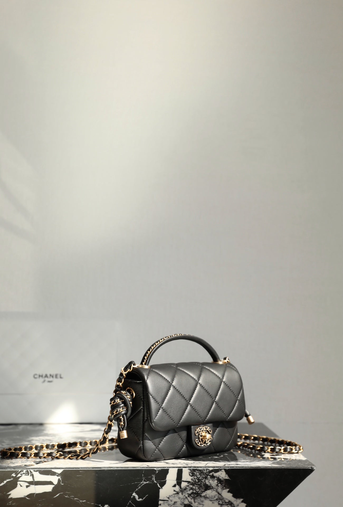 CHANEL 19 Bag 25C 18cm Black Lambskin Gold Hardware