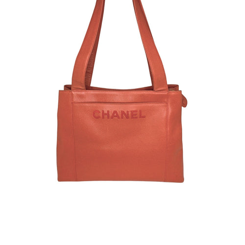 Chanel 90s Orange Caviar Embroidered Logo Shopper Tote