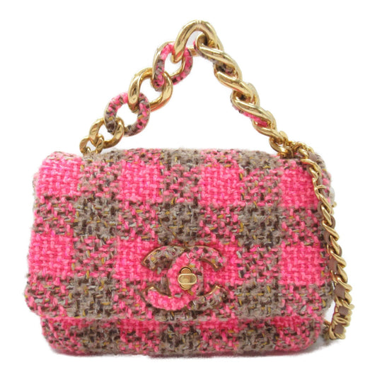 Chanel Tweed Chain Shoulder Bag Pink Brown