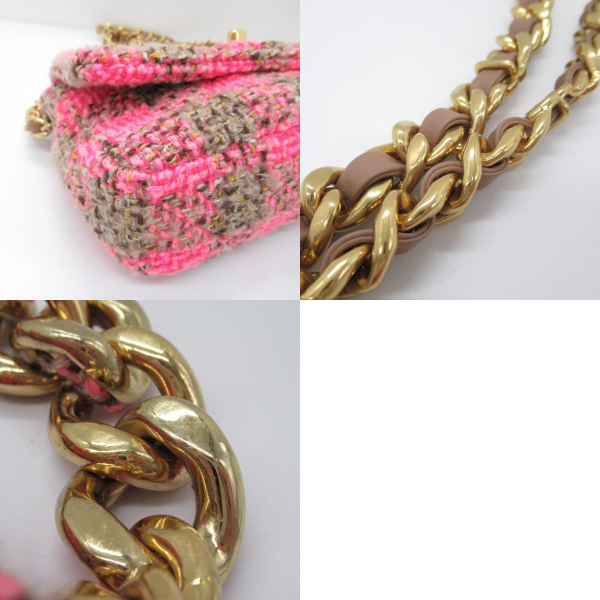 Chanel Tweed Chain Shoulder Bag Pink Brown