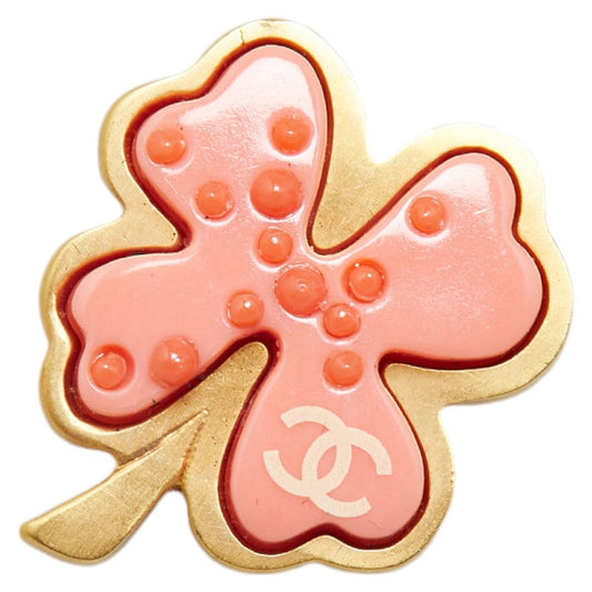 Chanel Clover Brooch Gold Pink Plastic