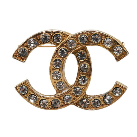Chanel Vintage Coco Mark Rhinestone Brooch Gold