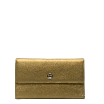 Chanel Leather Tri-Fold Wallet Metallic Khaki