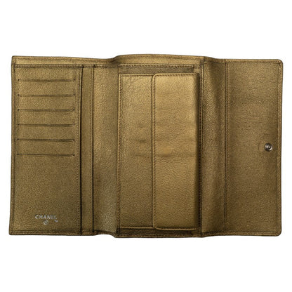Chanel Leather Tri-Fold Wallet Metallic Khaki