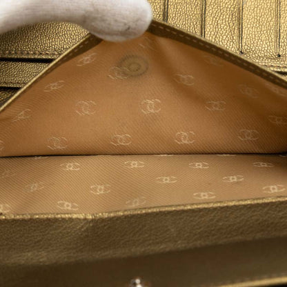Chanel Leather Tri-Fold Wallet Metallic Khaki