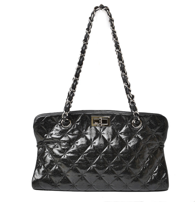 Chanel Patent Leather Tote Bag Vintage Quilted Black