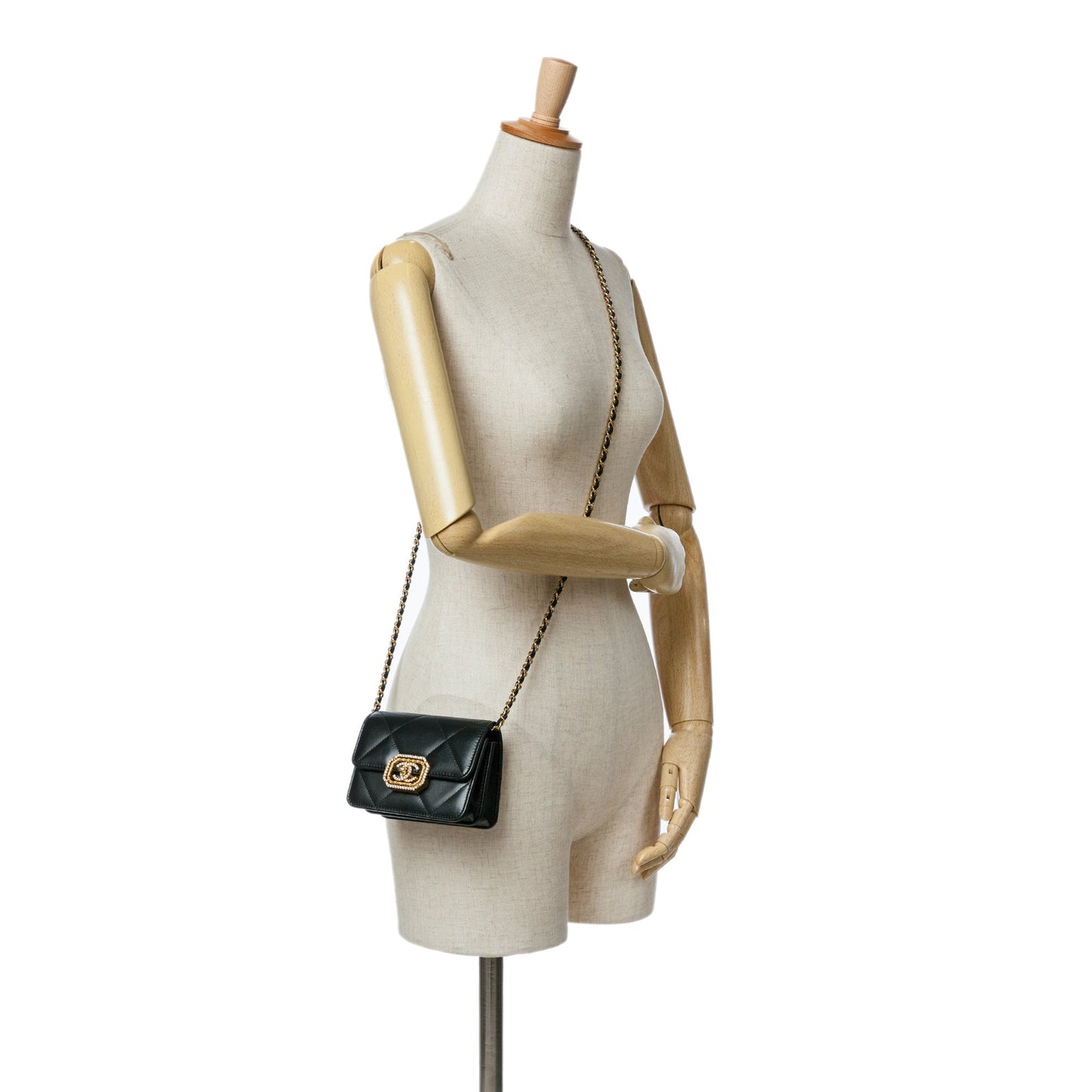 Black Chanel Quilted Calfskin Strass Card Holder On Chain Crossbody Bag